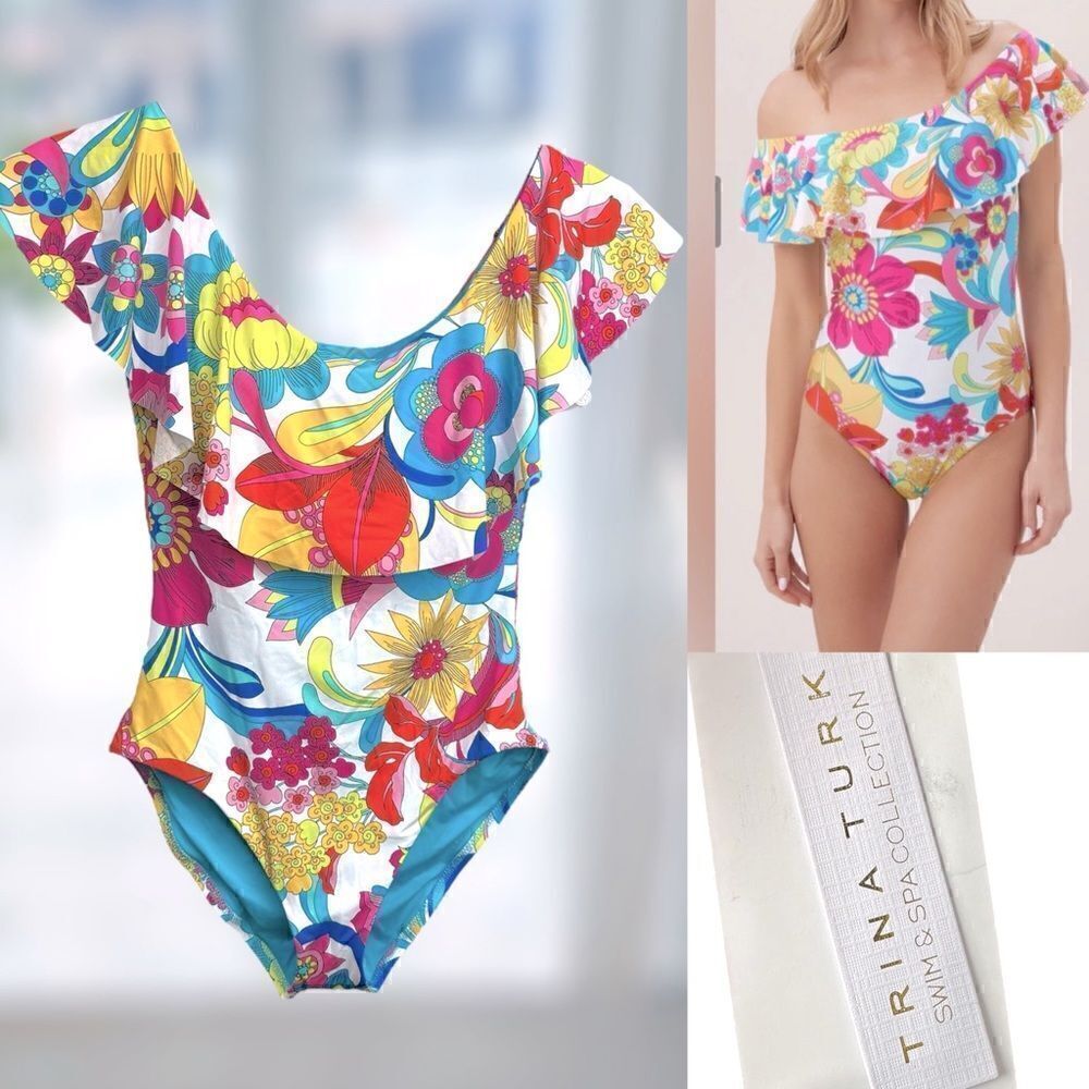 NWT Trina Turk Fontaine Ruffle Off The Shoulder One Piece Swimsuit Size 6